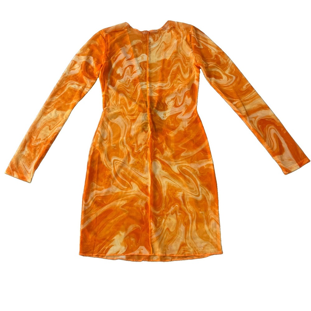 Naked Wardrobe Orange Marble Mesh Swim Cover Up Dress Long Sleeve Sheer Size L